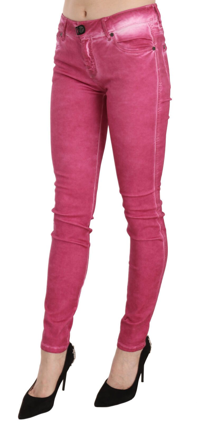 Pantalon coupe skinny taille mi-haute en velours rose PLEIN SUD