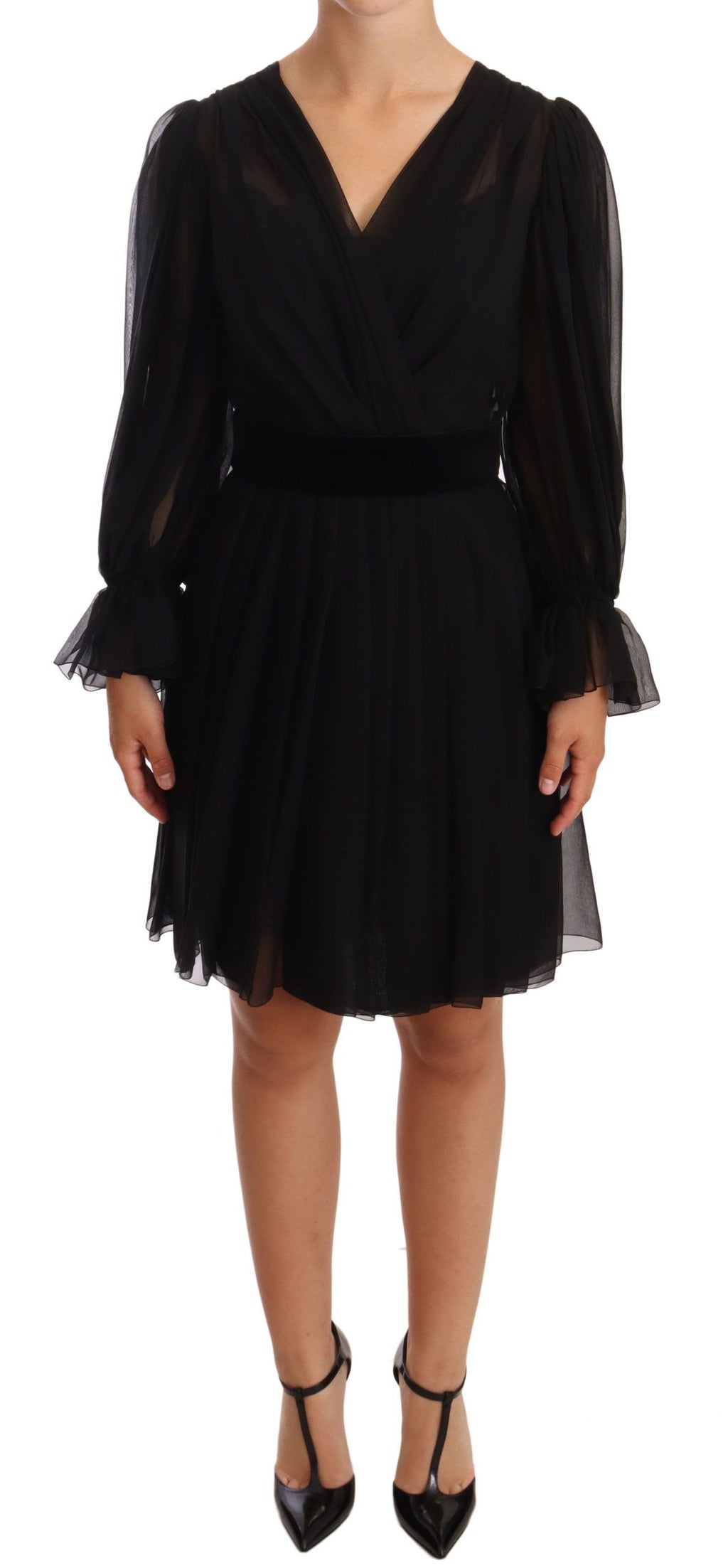 Robe courte plissée en maille noire de soie stretch Dolce & Gabbana
