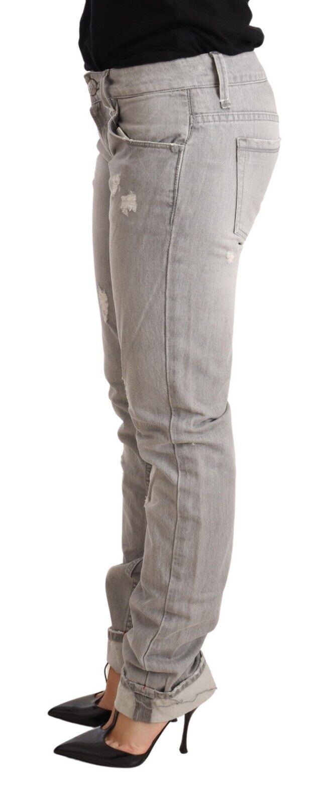 Jeans en jean pour femme Acht Gray Tattered en coton, coupe ajustée, ourlet plié