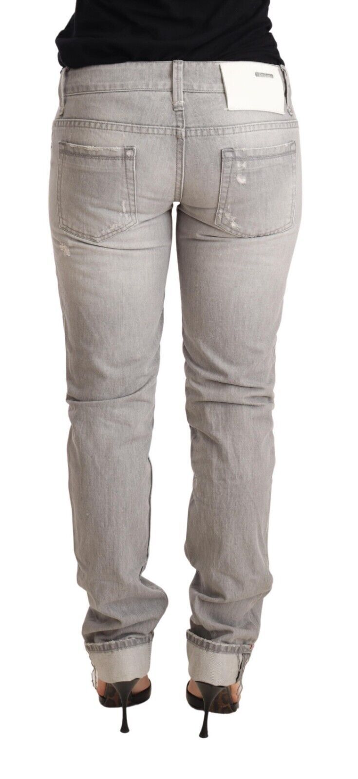 Jeans en jean pour femme Acht Gray Tattered en coton, coupe ajustée, ourlet plié