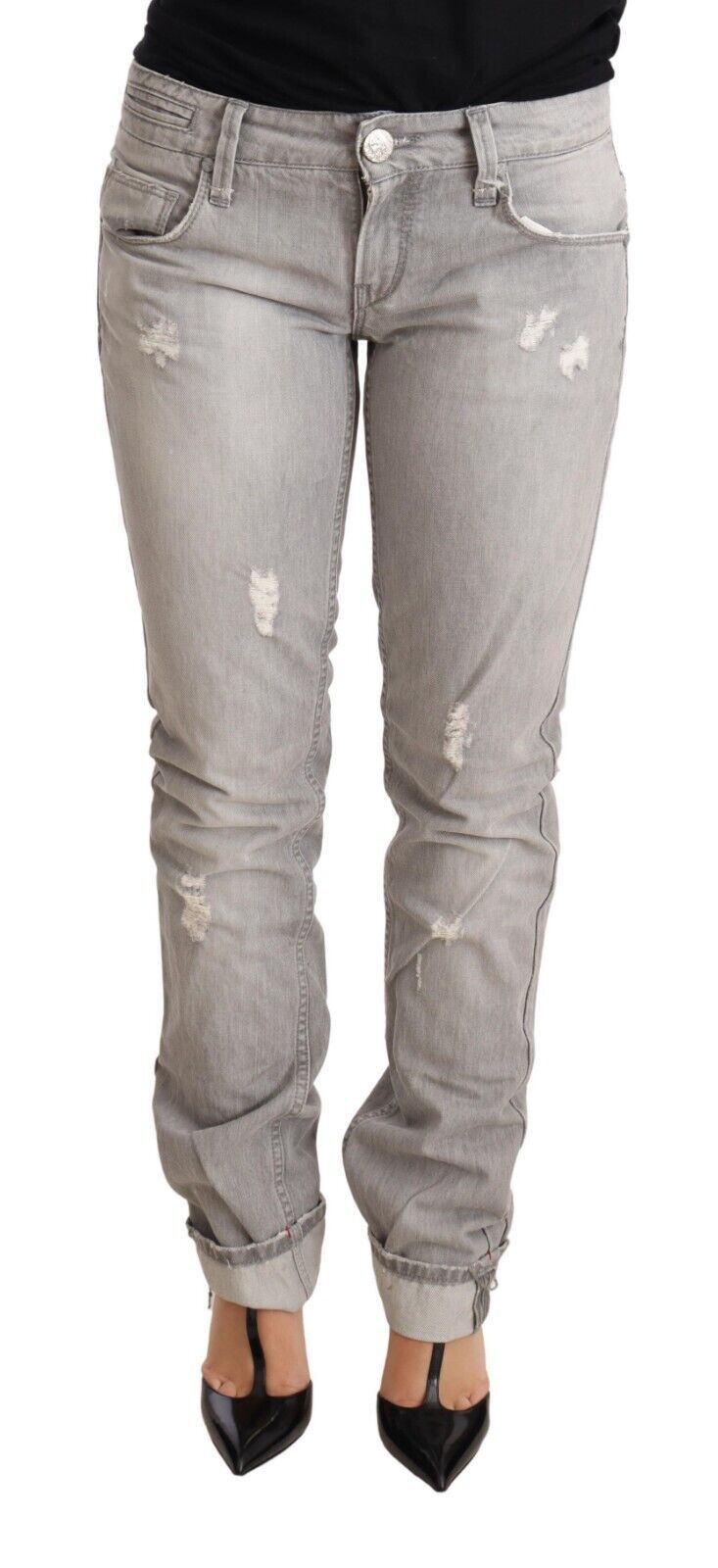 Jeans en jean pour femme Acht Gray Tattered en coton, coupe ajustée, ourlet plié