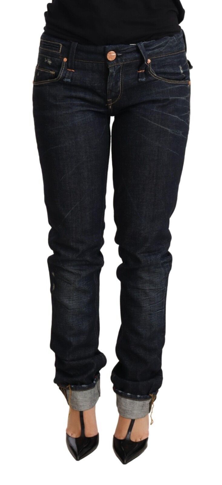 Jean slim femme en denim de coton bleu foncé avec ourlet plié Acht