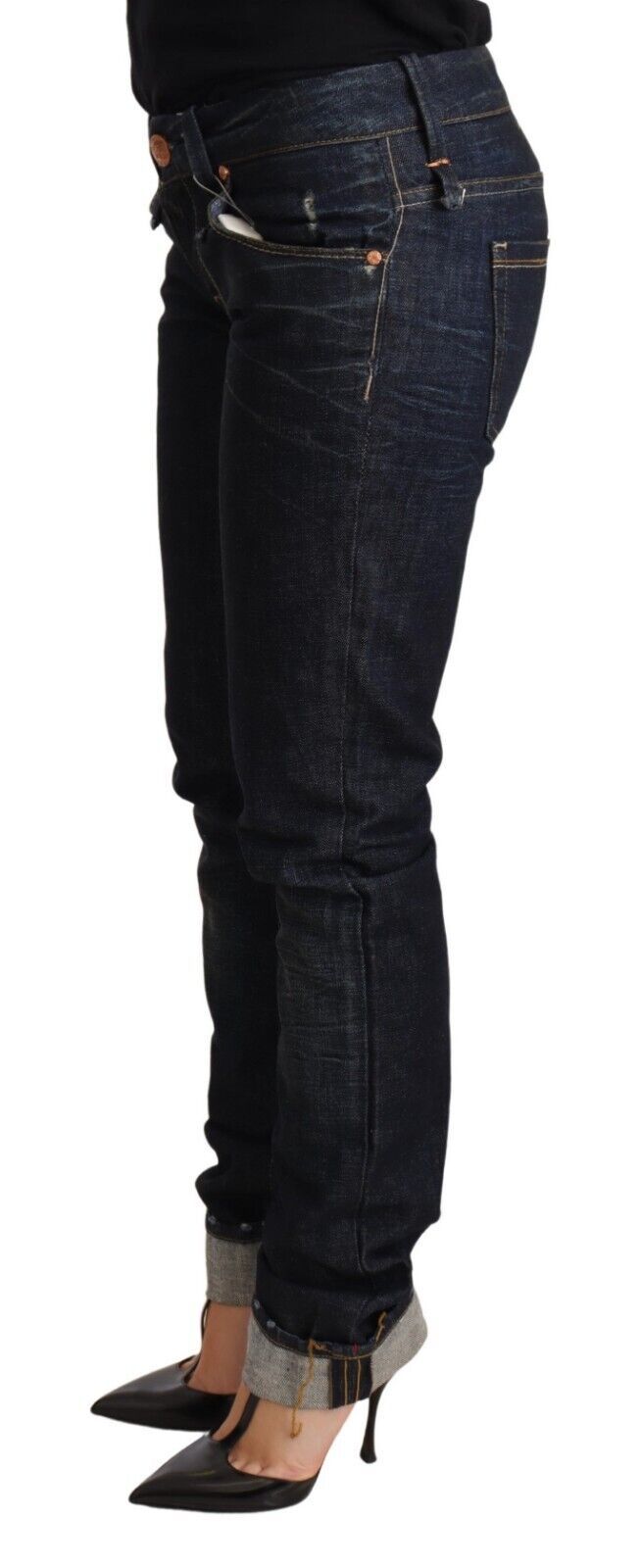 Jean slim femme en denim de coton bleu foncé avec ourlet plié Acht