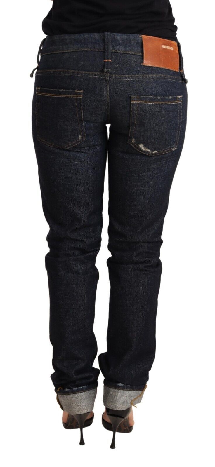 Jean slim femme en denim de coton bleu foncé avec ourlet plié Acht