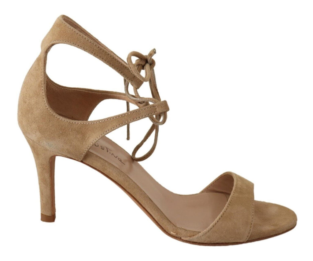 Chaussures à talons Maria Christina en daim beige et lanière de cheville