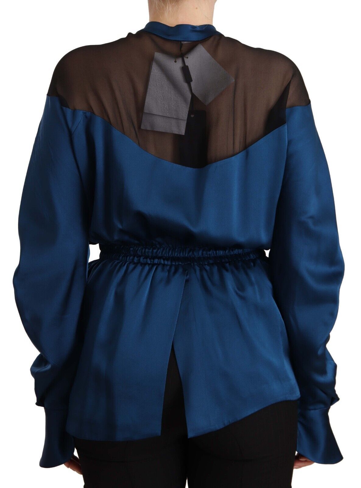 Masha Ma – Blaue Seidenbluse mit langen Ärmeln und elastischer Taille