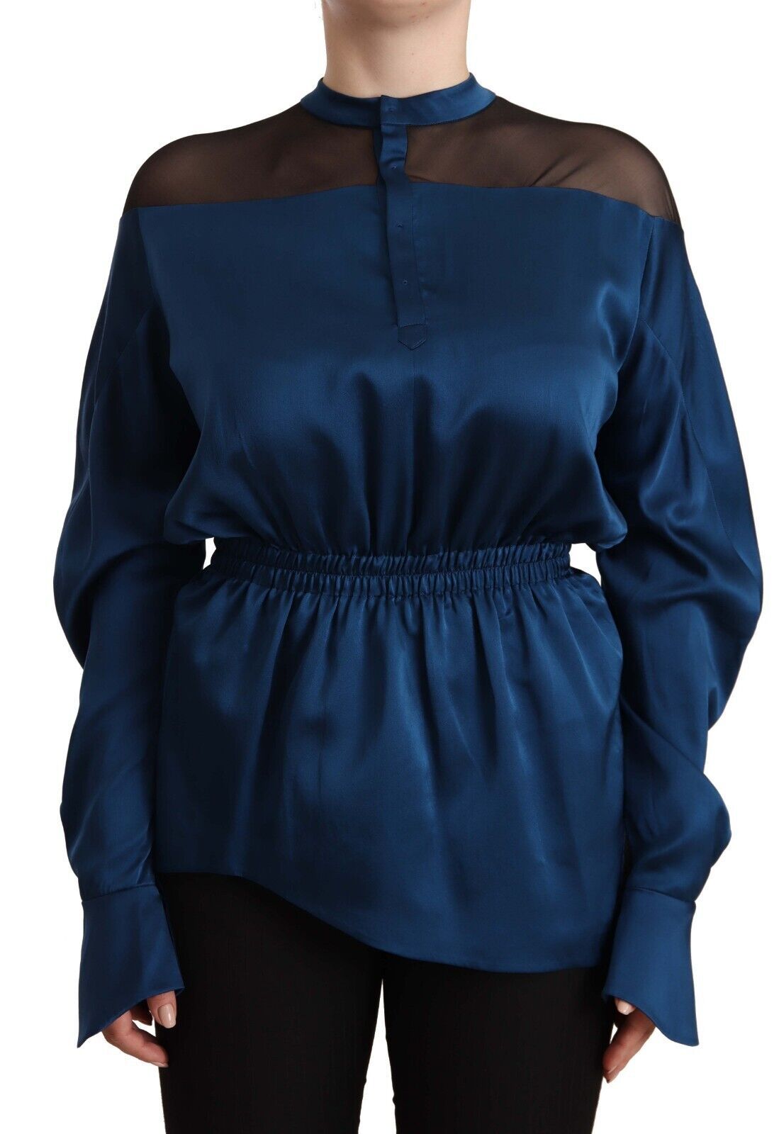 Masha Ma – Blaue Seidenbluse mit langen Ärmeln und elastischer Taille