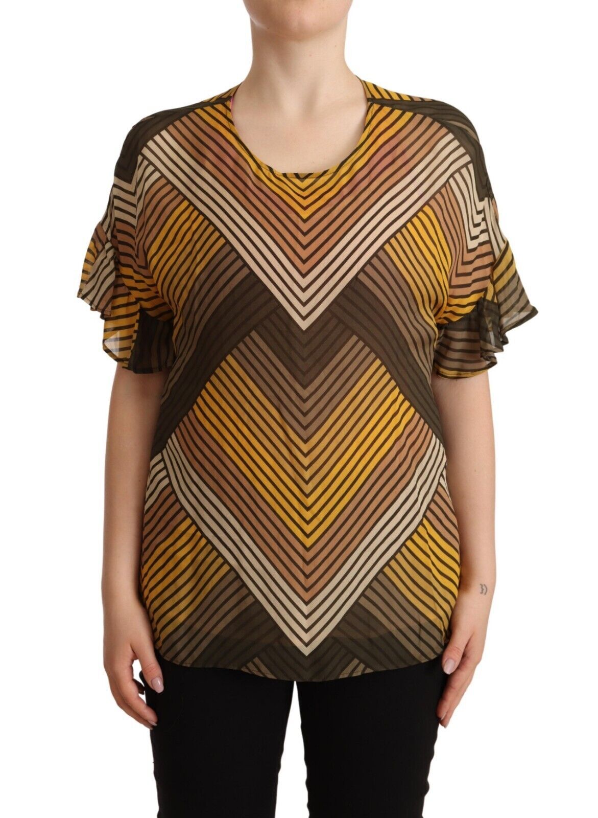 Twinset – Bluse mit mehrfarbigen Streifen und kurzen Ärmeln und Rundhalsausschnitt