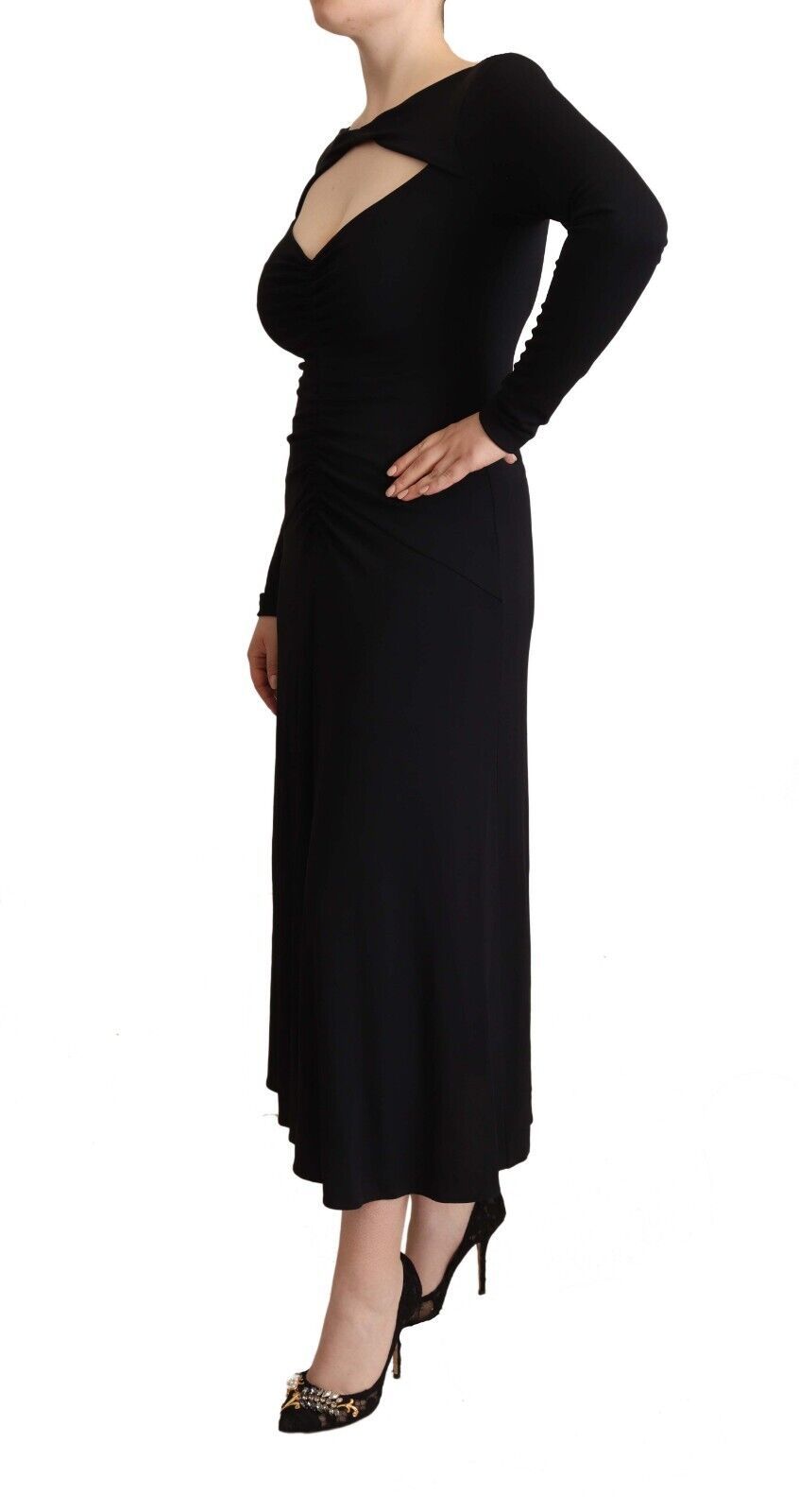 PINKO – Schwarzes Maxikleid aus Nylon-Stretch mit langen Ärmeln und tiefem V-Ausschnitt