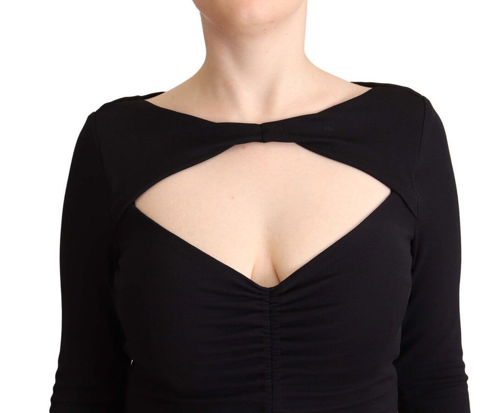 PINKO – Schwarzes Maxikleid aus Nylon-Stretch mit langen Ärmeln und tiefem V-Ausschnitt