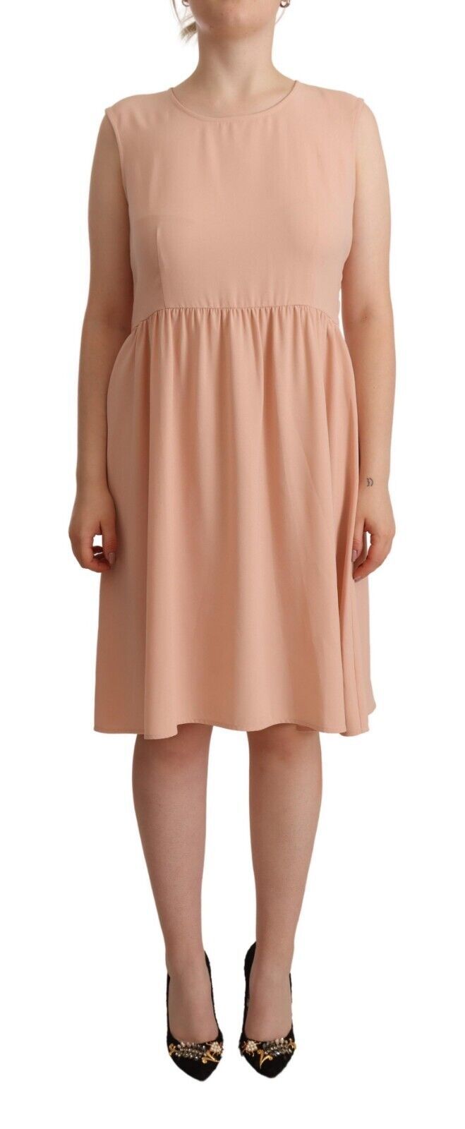 Twinset – Ärmelloses, knielanges Etuikleid aus Polyester in Beige