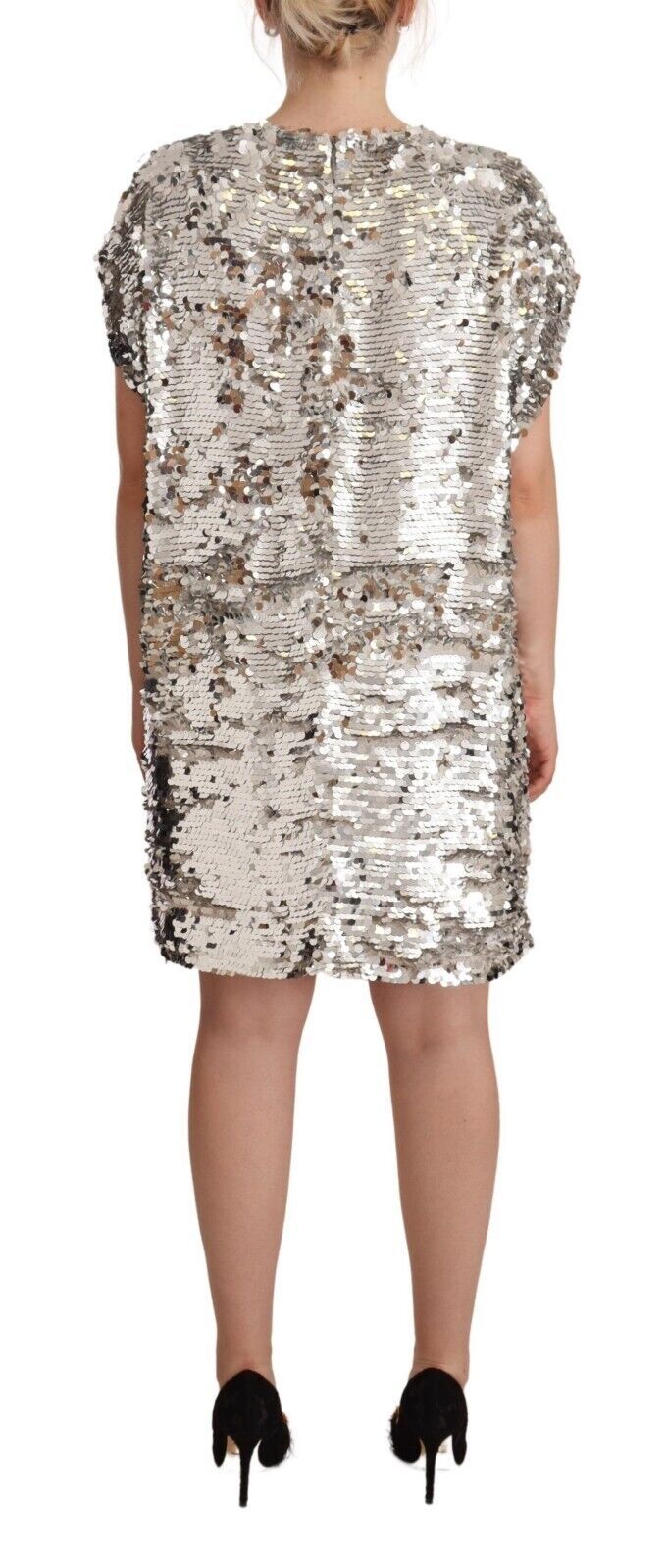 MSGM – Silbernes, paillettenbesetztes Minikleid aus Polyester mit kurzen Ärmeln