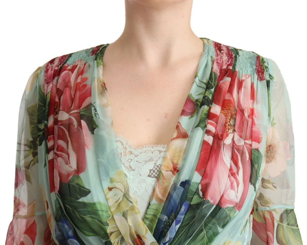 Robe midi Dolce & Gabbana col V manches longues florale verte