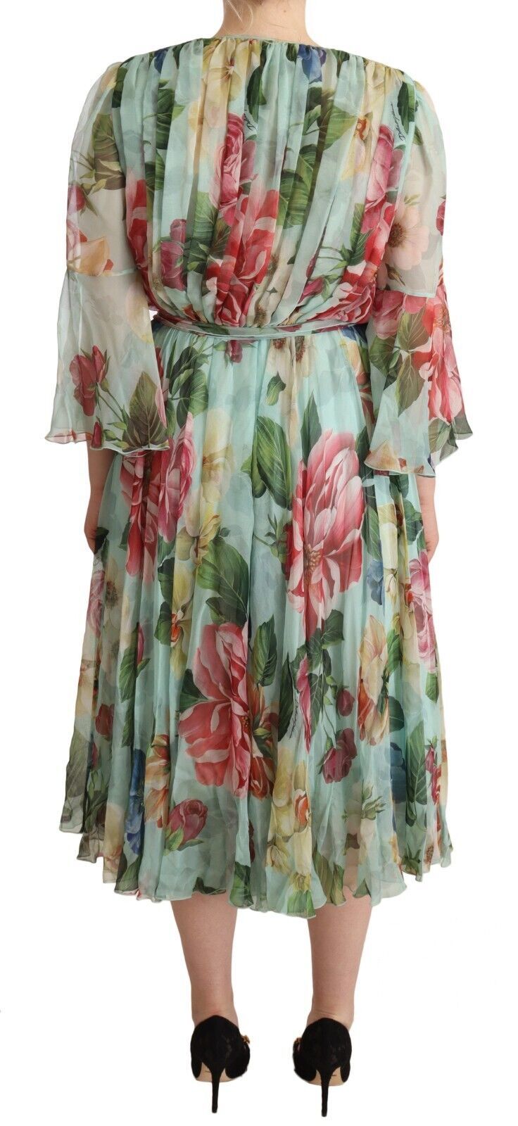 Robe midi Dolce & Gabbana col V manches longues florale verte