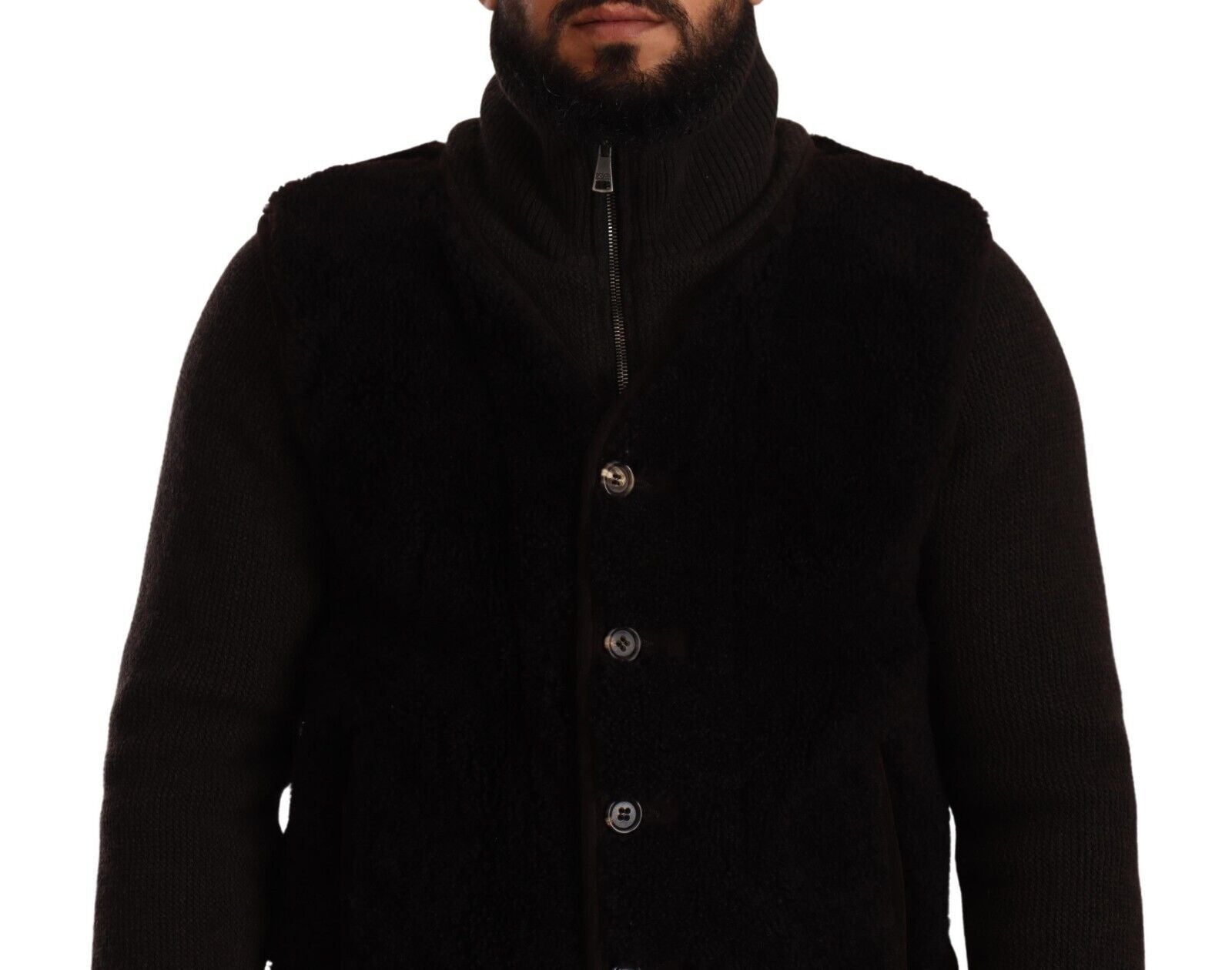Manteau/Veste à Col Roulé en Cuir Noir Homme Dolce & Gabbana