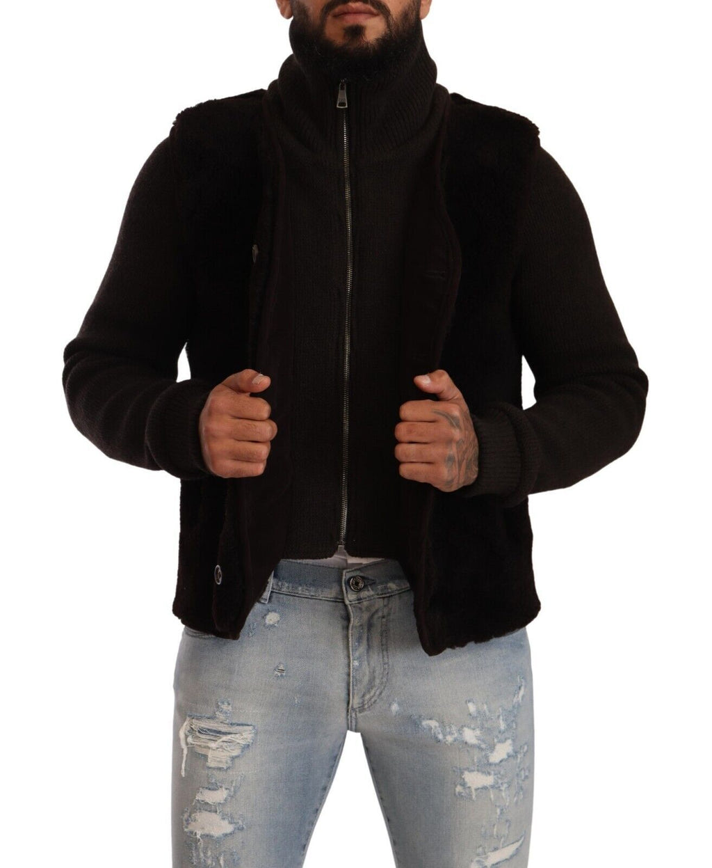 Manteau/Veste à Col Roulé en Cuir Noir Homme Dolce & Gabbana