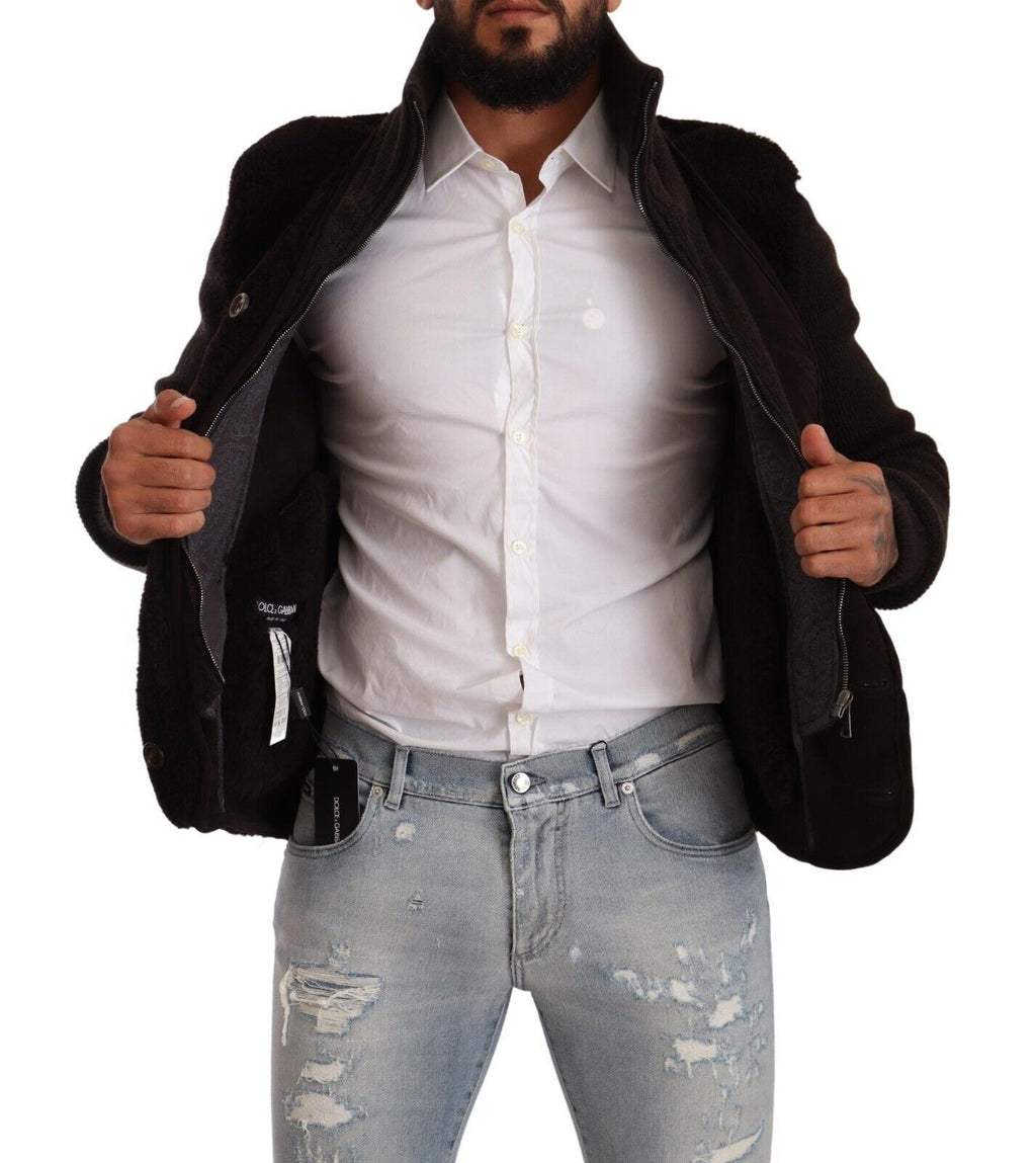 Manteau/Veste à Col Roulé en Cuir Noir Homme Dolce & Gabbana