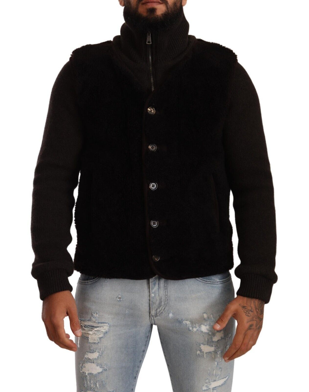 Manteau/Veste à Col Roulé en Cuir Noir Homme Dolce & Gabbana