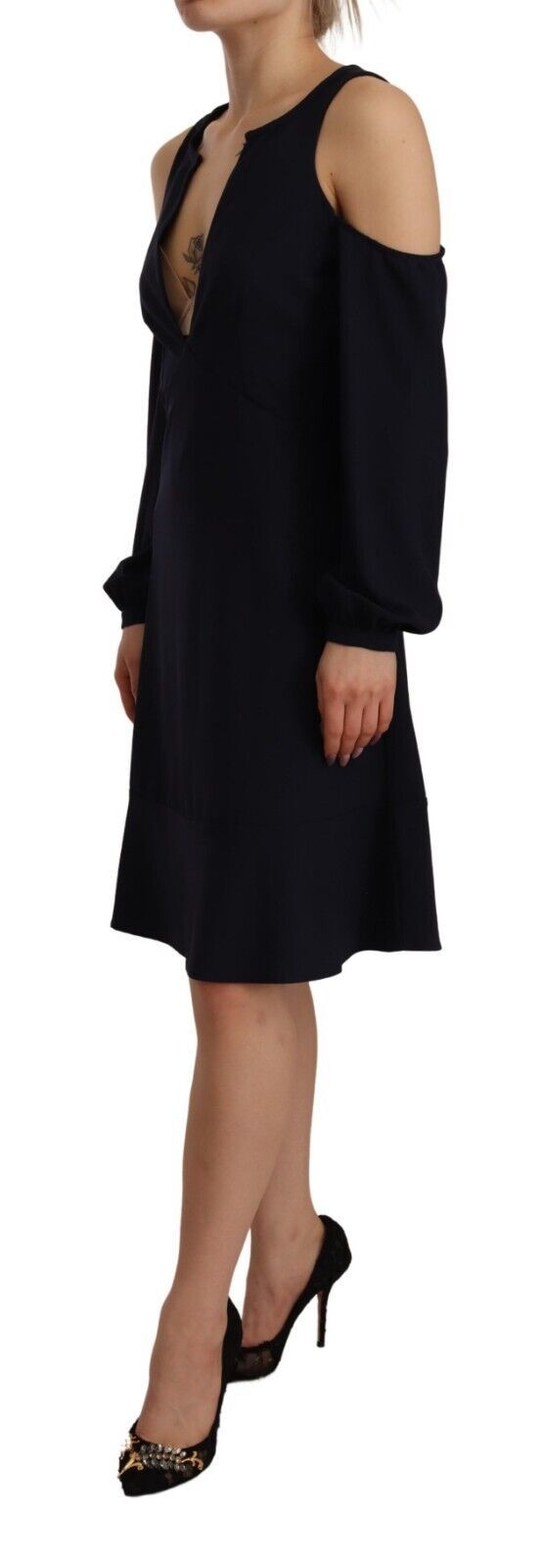 Twinset – Schwarzes, langärmliges A-Linien-Kleid mit offener Schulter