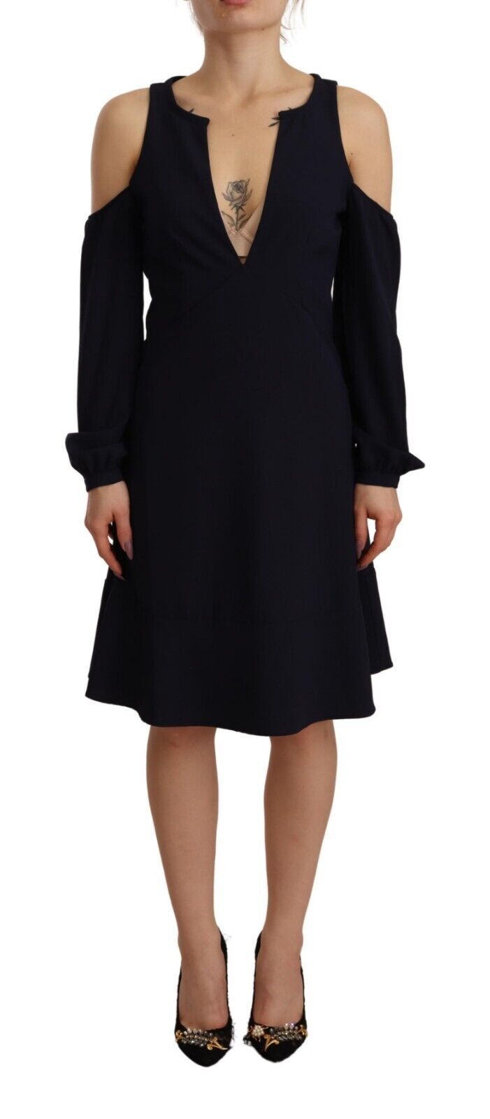 Twinset – Schwarzes, langärmliges A-Linien-Kleid mit offener Schulter