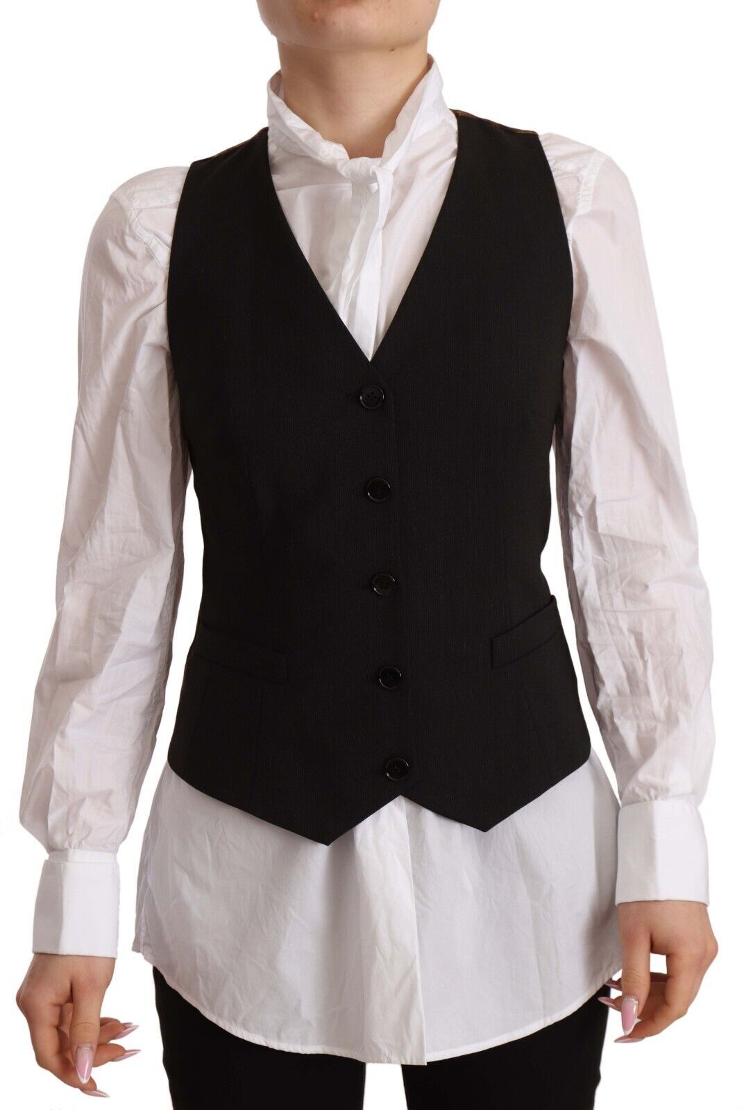 Dolce &amp; Gabbana Schwarzes, ärmelloses Weste-Top aus Polyester mit Knopfleiste