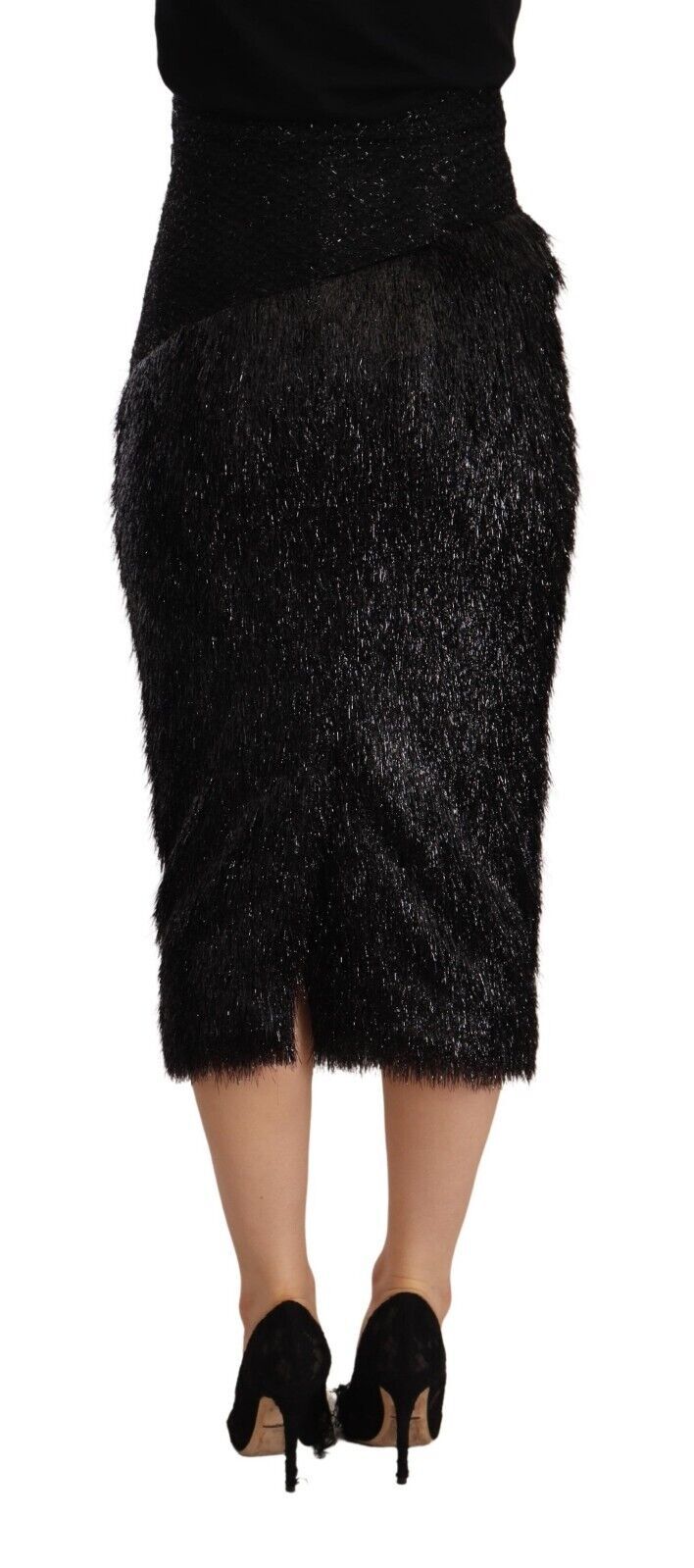Jupe crayon mi-longue taille haute en viscose à fils scintillants noirs Masha Ma