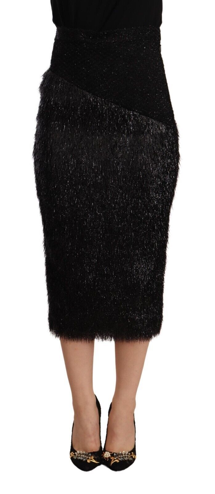 Jupe crayon mi-longue taille haute en viscose à fils scintillants noirs Masha Ma
