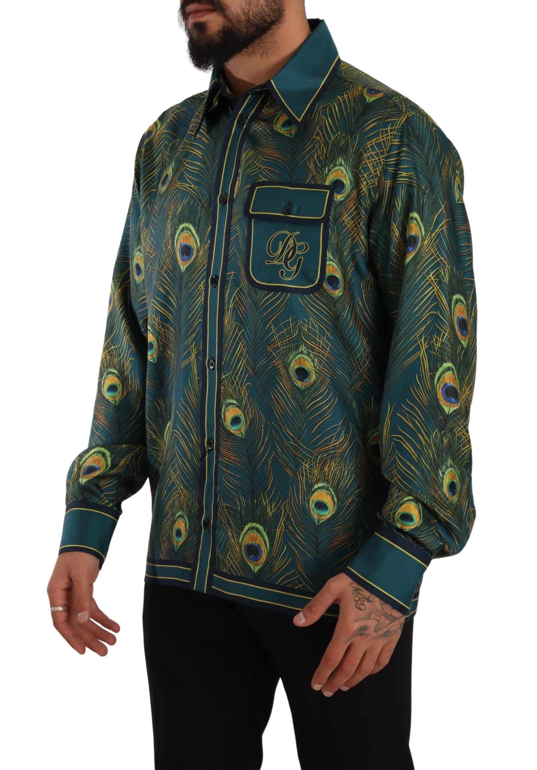 Chemise de pyjama homme en soie imprimé plumes de paon Dolce & Gabbana