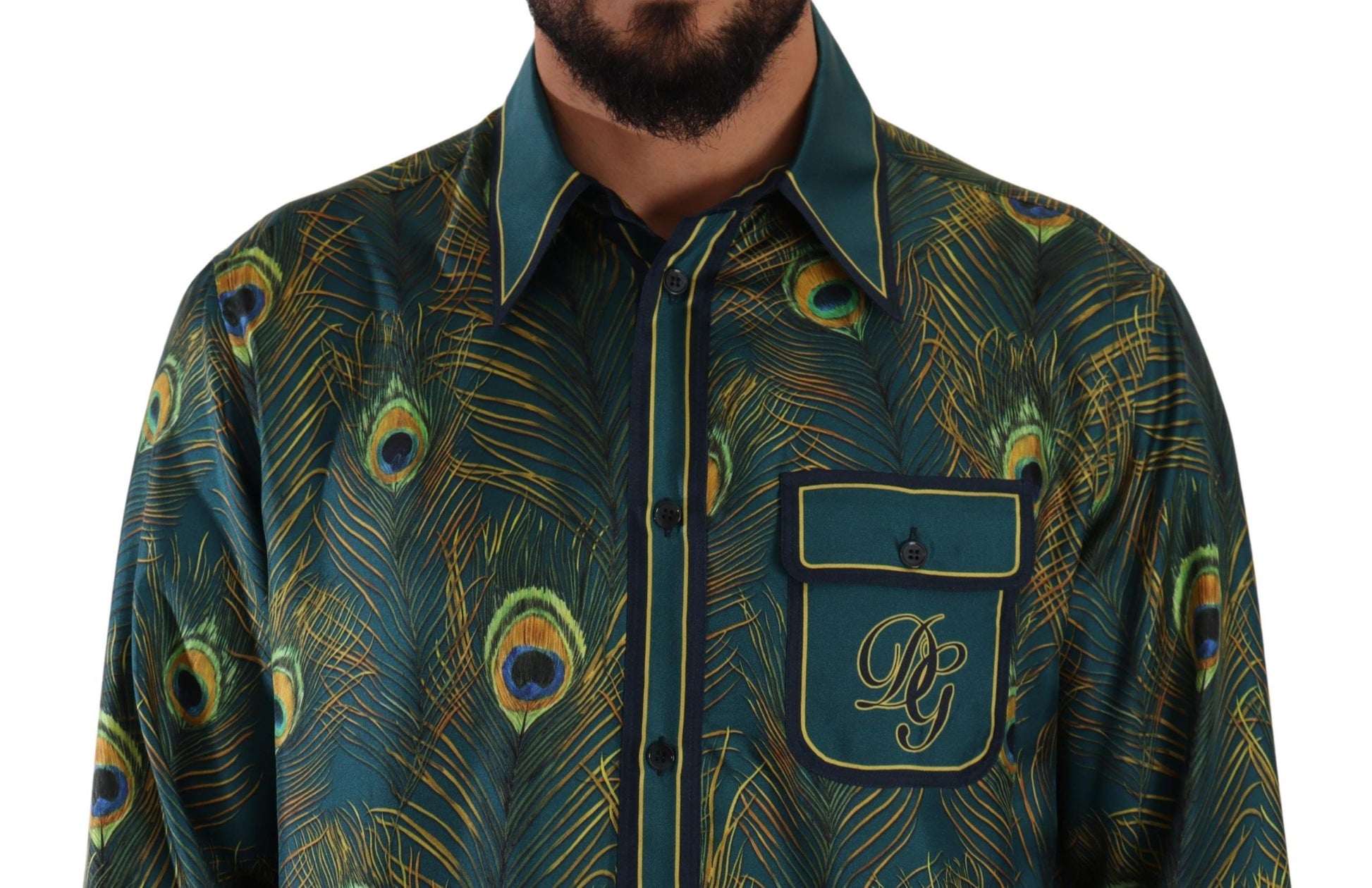 Chemise de pyjama homme en soie imprimé plumes de paon Dolce & Gabbana