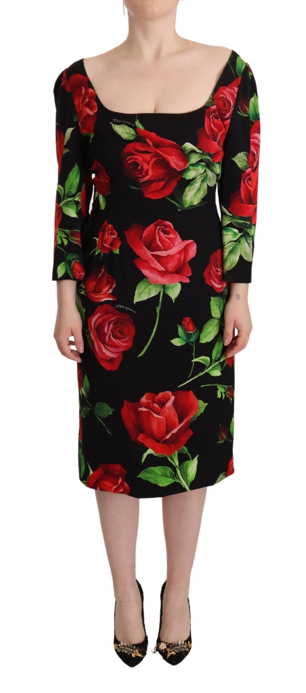 Robe Fourreau Dolce & Gabbana En Soie Stretch Noire Imprimé Roses Rouges