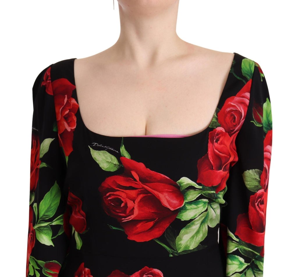 Robe Fourreau Dolce & Gabbana En Soie Stretch Noire Imprimé Roses Rouges
