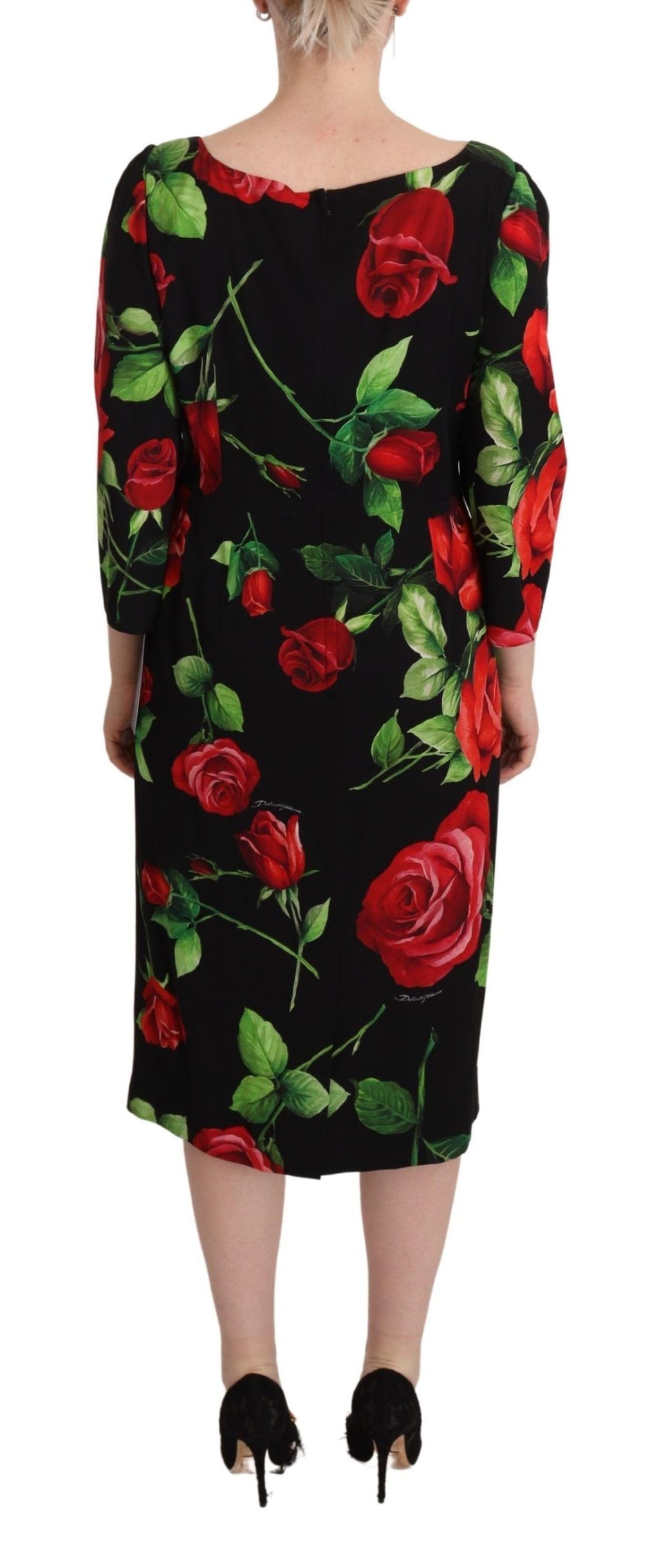 Robe Fourreau Dolce & Gabbana En Soie Stretch Noire Imprimé Roses Rouges