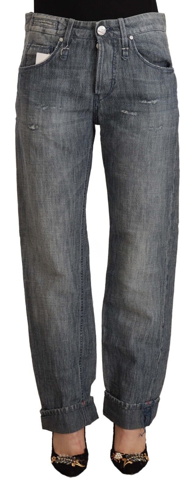 Jeans droits à taille mi-haute et ourlet plié en denim délavé gris Acht