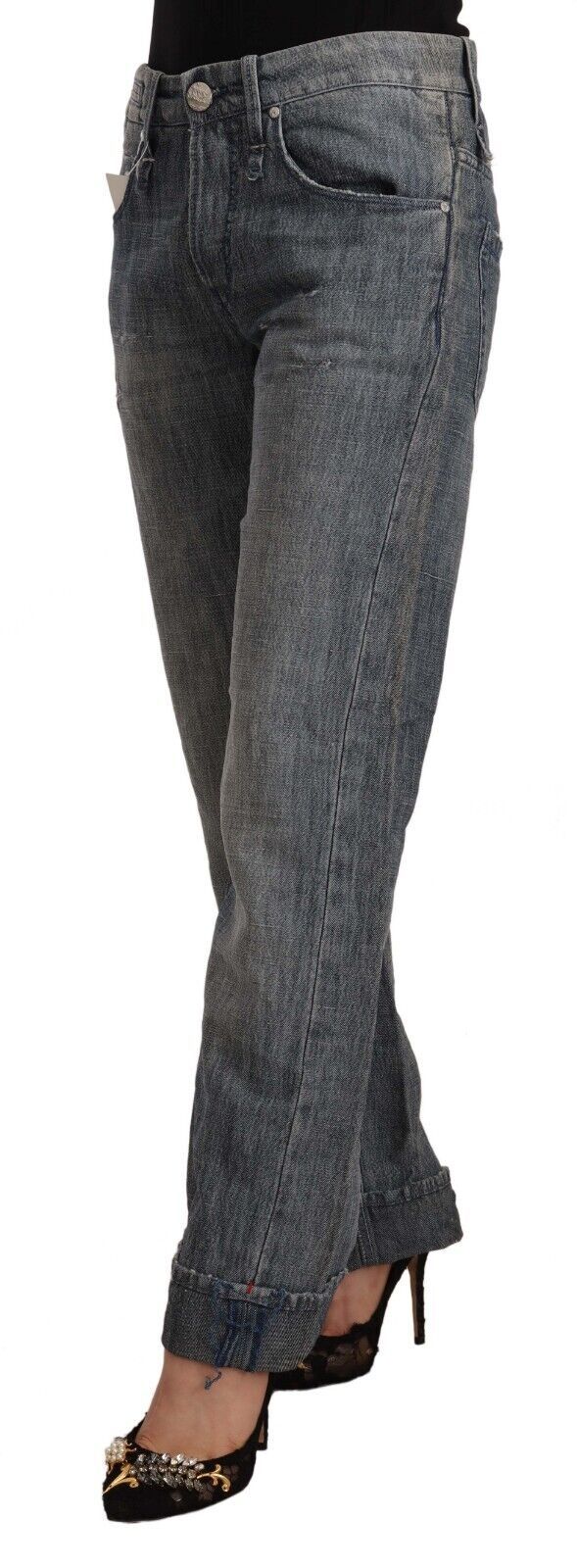 Jeans droits à taille mi-haute et ourlet plié en denim délavé gris Acht