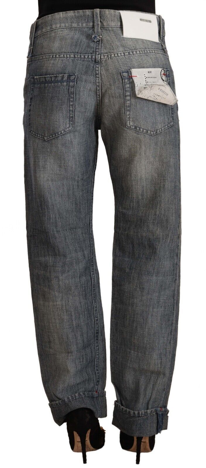 Jeans droits à taille mi-haute et ourlet plié en denim délavé gris Acht