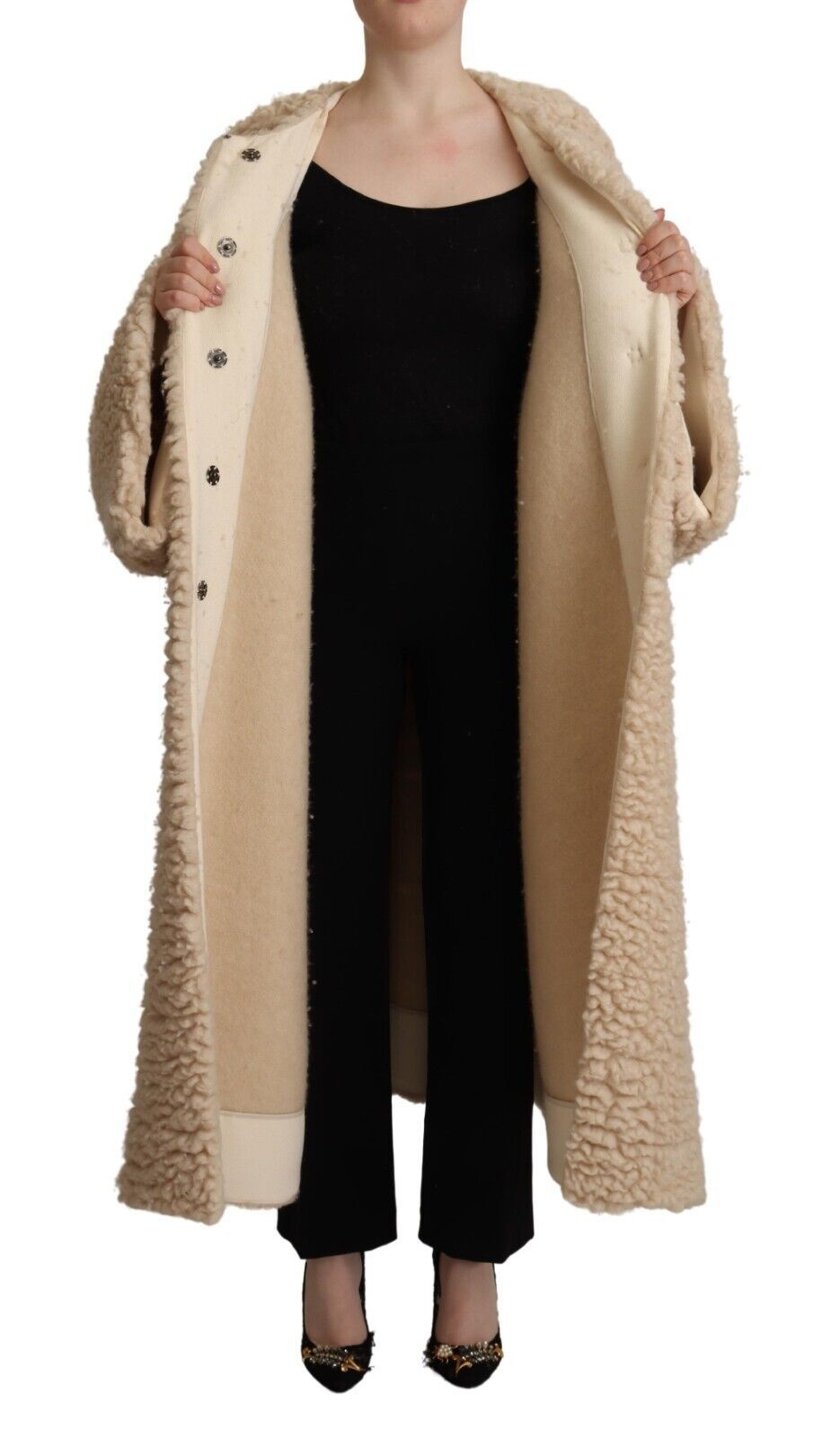 Dolce & Gabbana Veste Manteau Beige en Cachemire Laine Fausse Fourrure