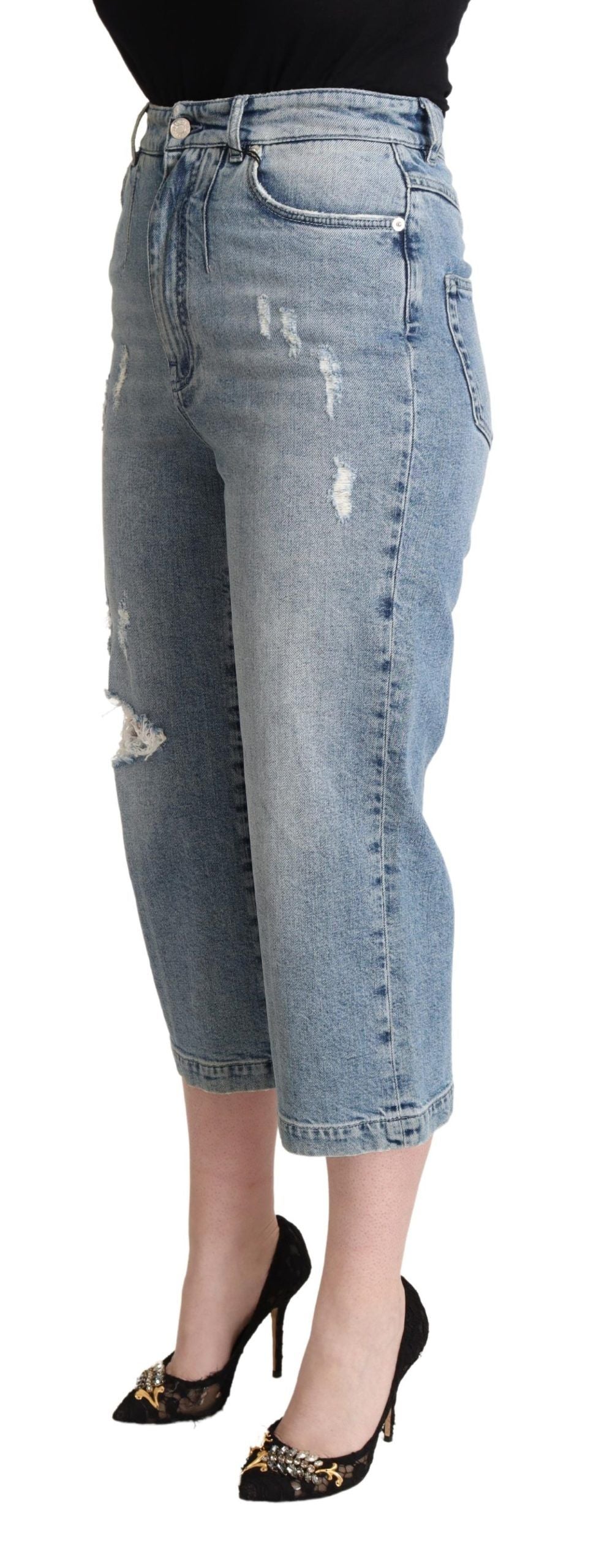 Jean Capri court en denim de coton déchiré bleu Dolce & Gabbana