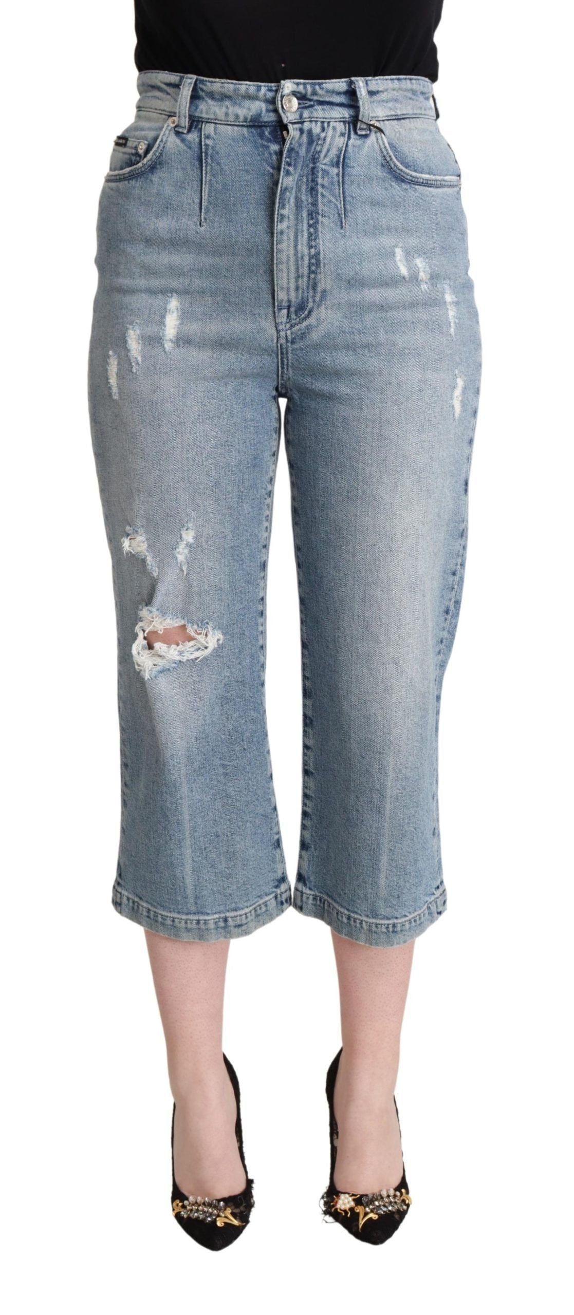 Jean Capri court en denim de coton déchiré bleu Dolce & Gabbana