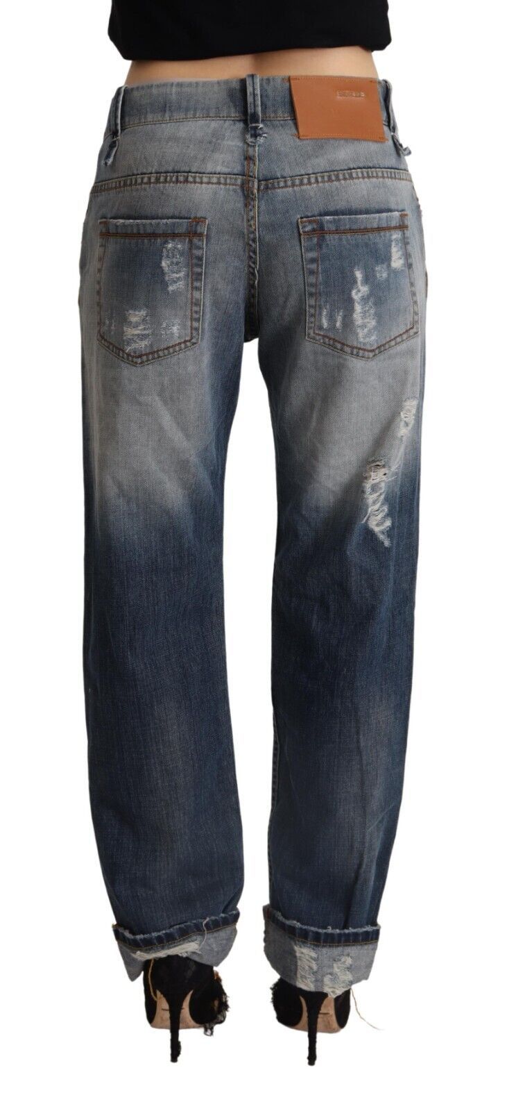 Jean en denim de coton, coupe droite, taille mi-haute, déchiré, bleu Acht