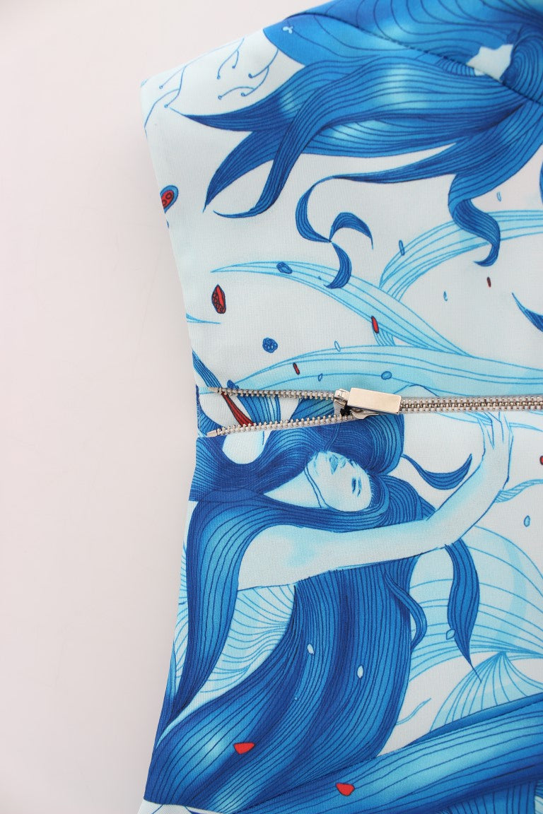 Koonhor – Blauer, gerader Bleistiftrock mit Schößchen und Fresco-Print