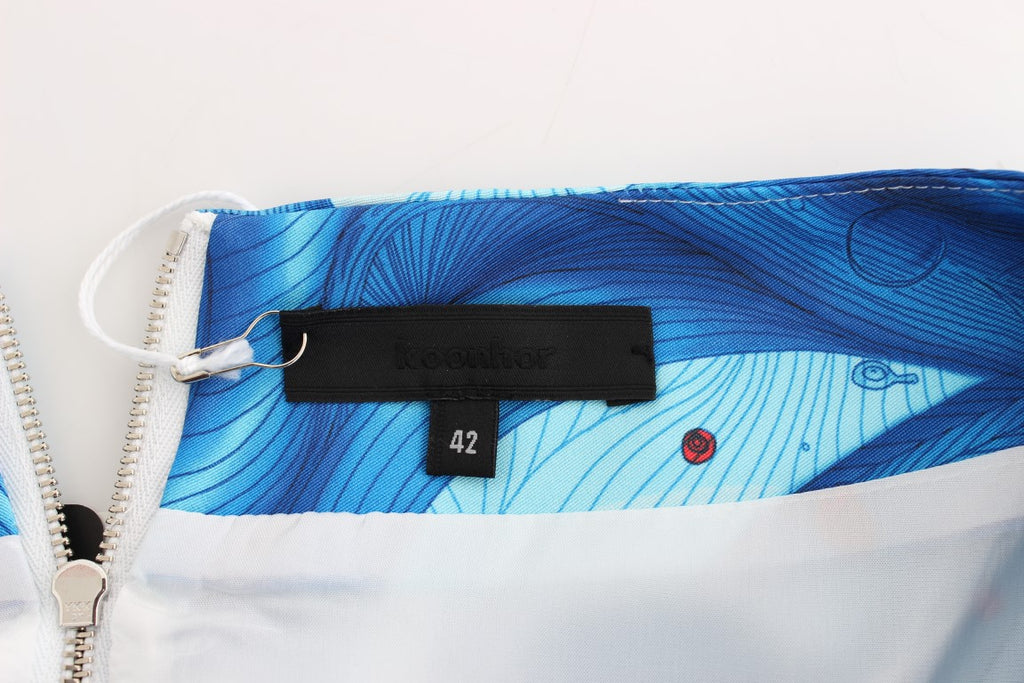 Koonhor – Blauer, gerader Bleistiftrock mit Schößchen und Fresco-Print
