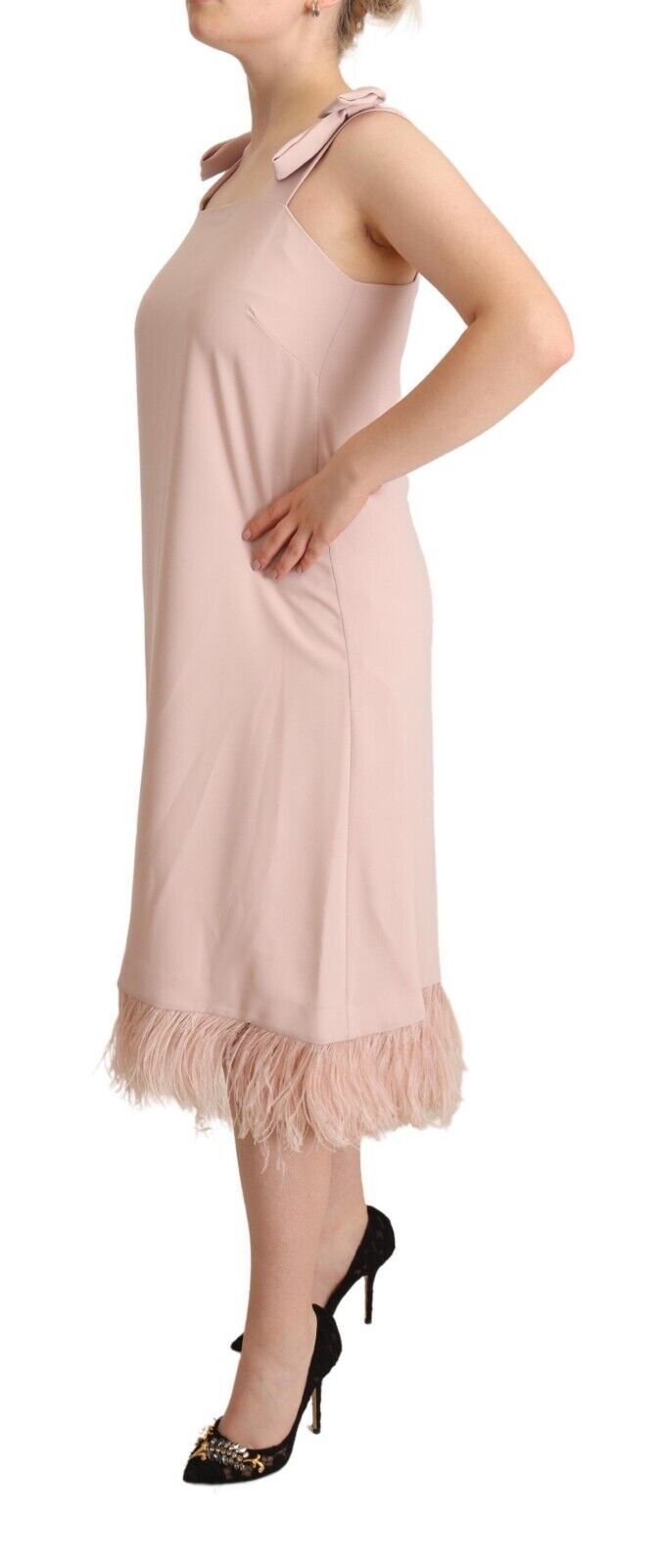 PAROSH – Ärmelloses Midi-Etuikleid aus Polyester mit Federn in Rosa