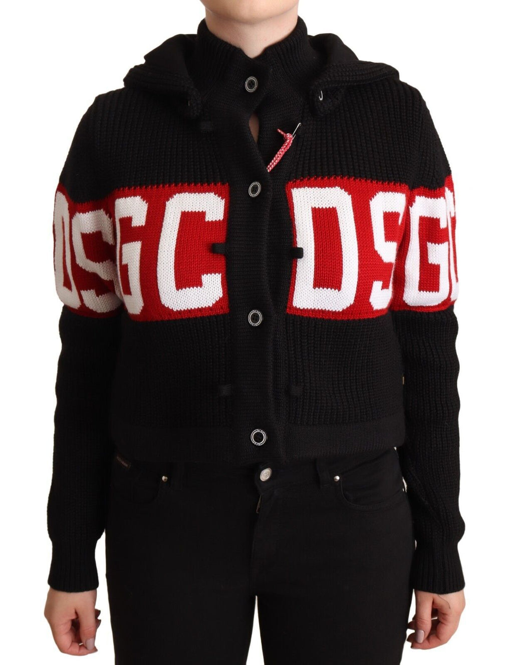 GCDS – Schwarze Strickjacke aus Kaschmir mit Kapuze und Button-Down-Logo