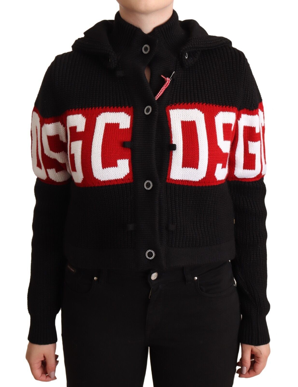 GCDS – Schwarze Strickjacke aus Kaschmir mit Kapuze und Button-Down-Logo