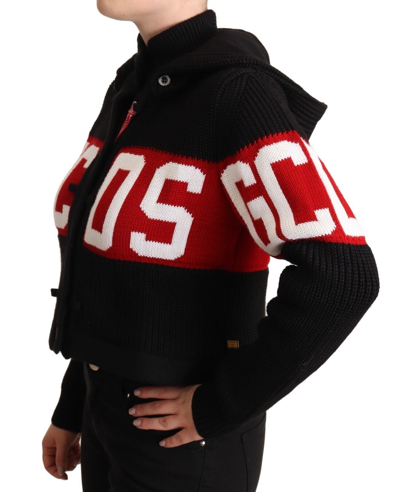 GCDS – Schwarze Strickjacke aus Kaschmir mit Kapuze und Button-Down-Logo