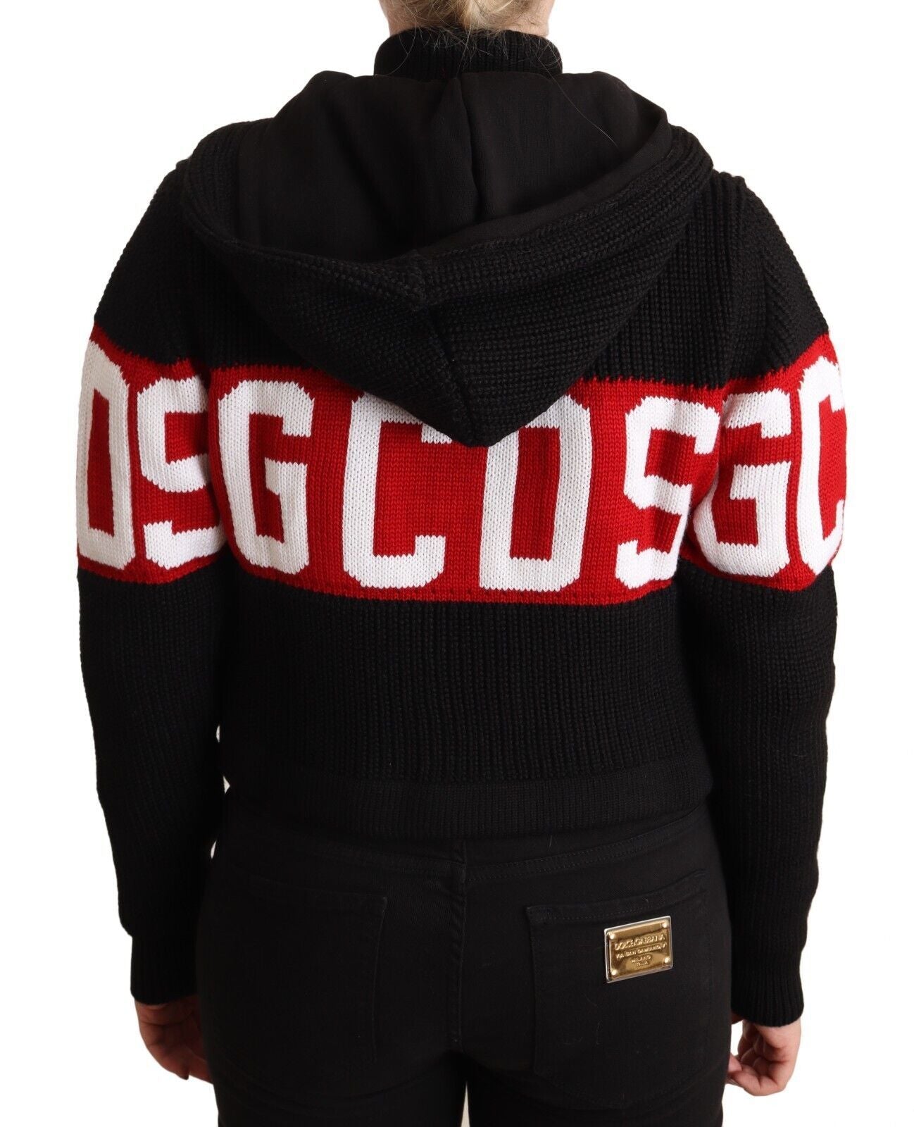 GCDS – Schwarze Strickjacke aus Kaschmir mit Kapuze und Button-Down-Logo