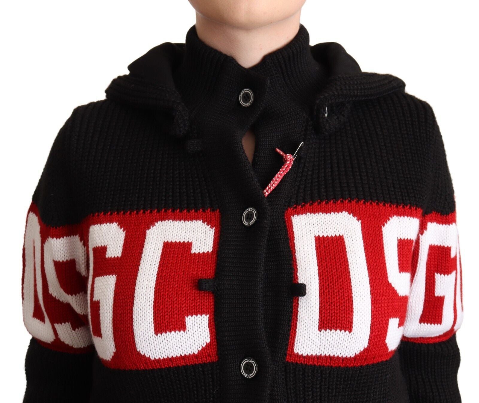 GCDS – Schwarze Strickjacke aus Kaschmir mit Kapuze und Button-Down-Logo