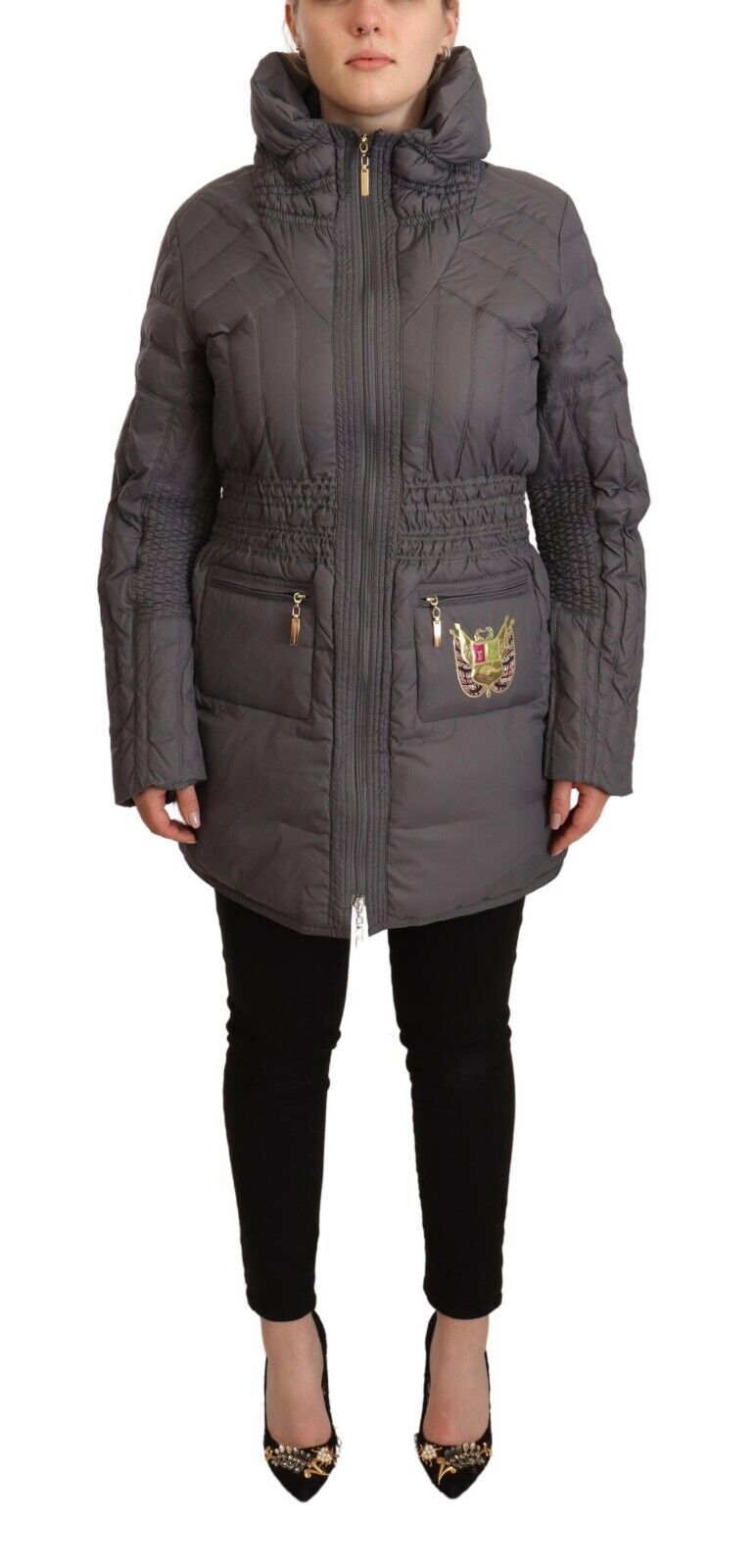 Roccobarocco – Graue, gesteppte Jacke mit langen Ärmeln und durchgehendem Reißverschluss und Logo-Patch