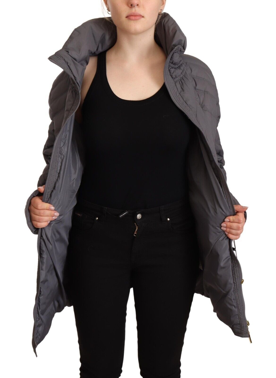 Roccobarocco – Graue, gesteppte Jacke mit langen Ärmeln und durchgehendem Reißverschluss und Logo-Patch