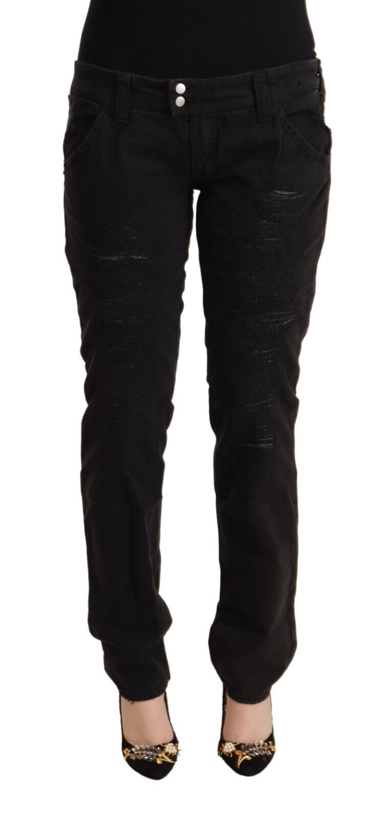 CYCLE – Schwarze, schmal geschnittene Jeans aus Baumwolle im Used-Look mit niedriger Taille